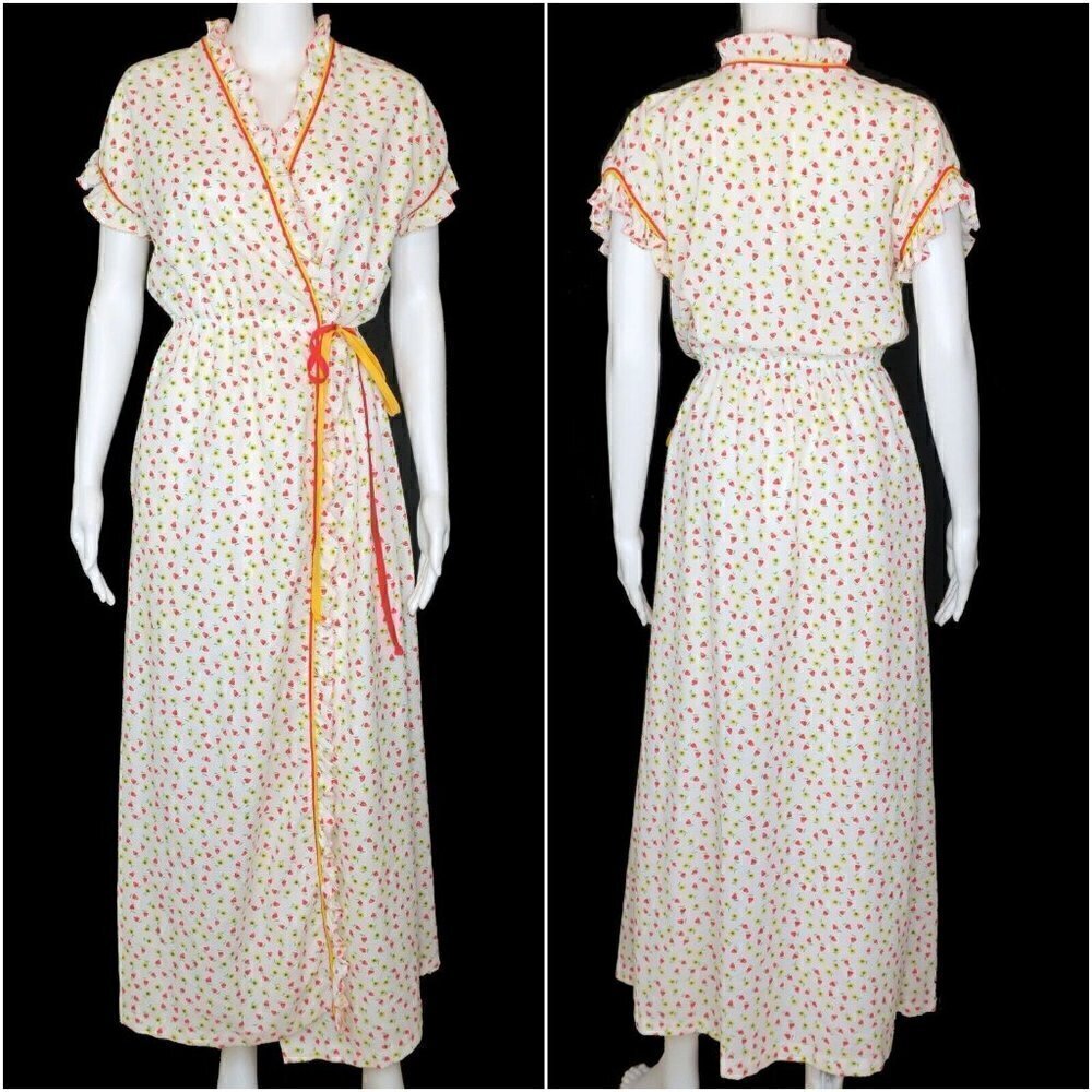 Vintage Allendale 70's Retro Mod Floral Apple Colorful Print Wrap Maxi Dress S/M